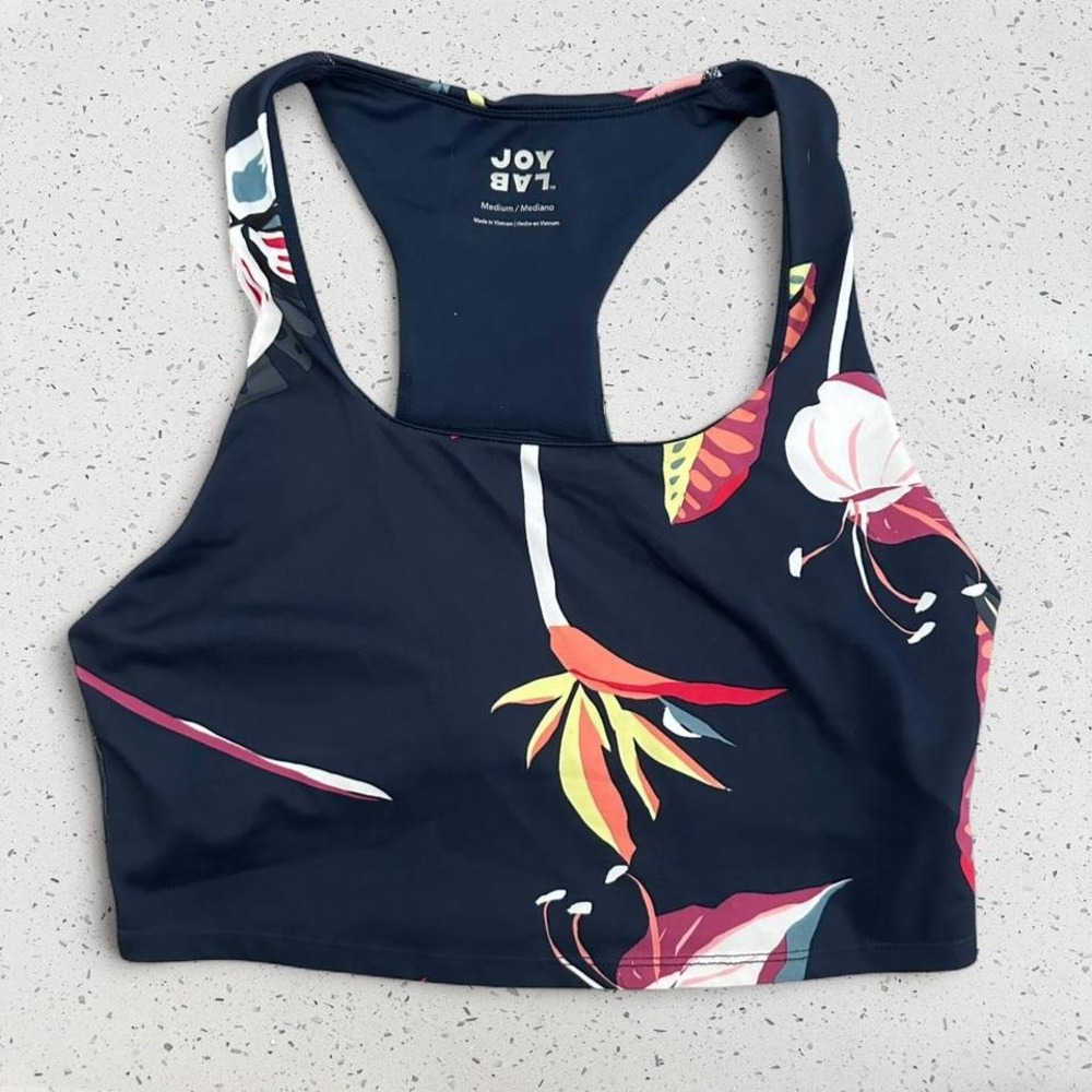 JoyLab Womens Navy Tropical Floral Racerback High Neck Sports Bra Medium